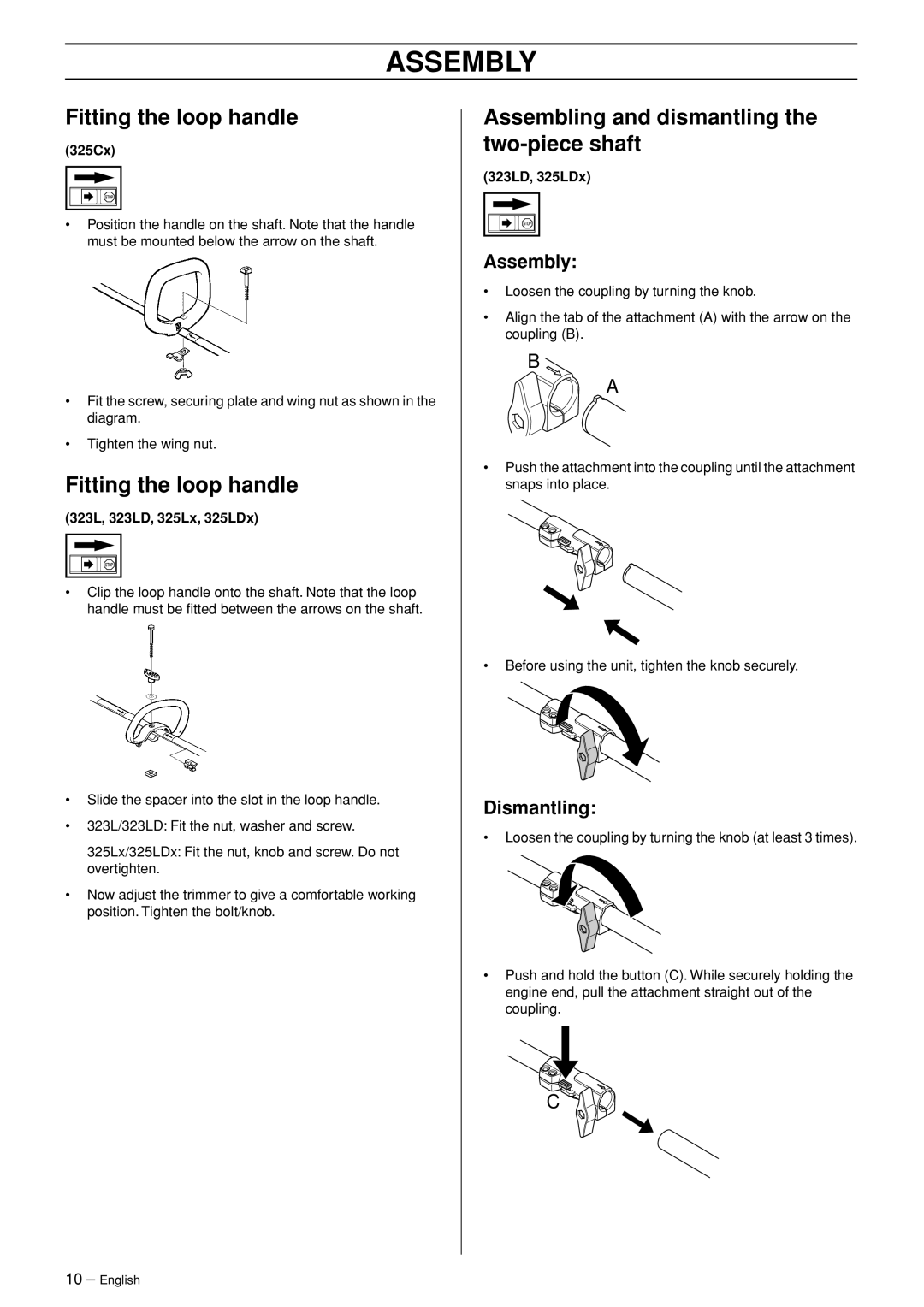 Husqvarna SPM1702SM manual Assembly, Fitting the loop handle, Assembling and dismantling the two-piece shaft, Dismantling 