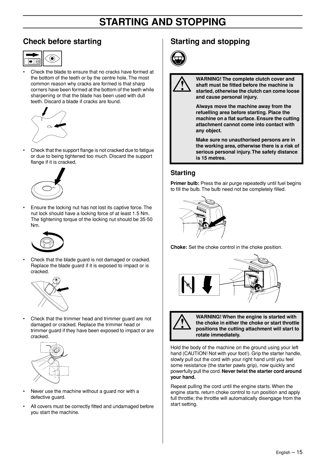 Husqvarna SPM1702SM manual Starting and Stopping, Check before starting, Starting and stopping 