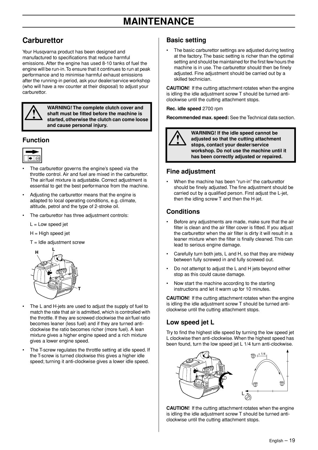 Husqvarna SPM1702SM manual Maintenance, Carburettor 