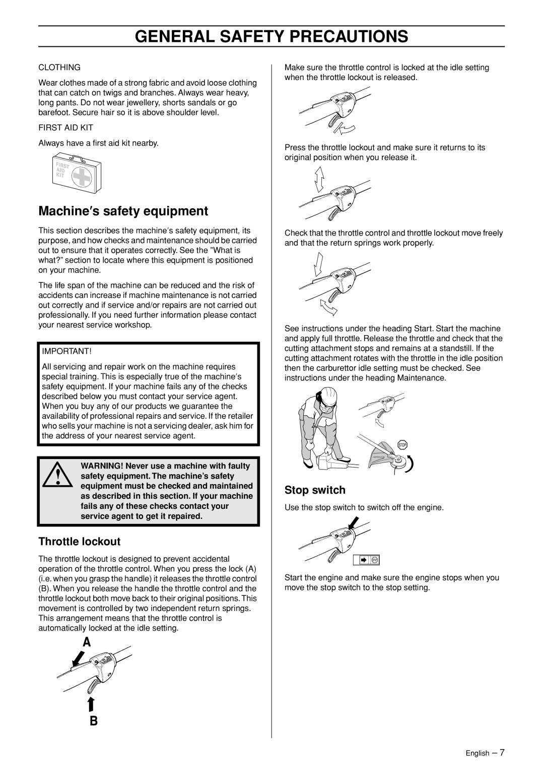 Husqvarna SPM1702SM manual Machine′s safety equipment, Throttle lockout, Stop switch 