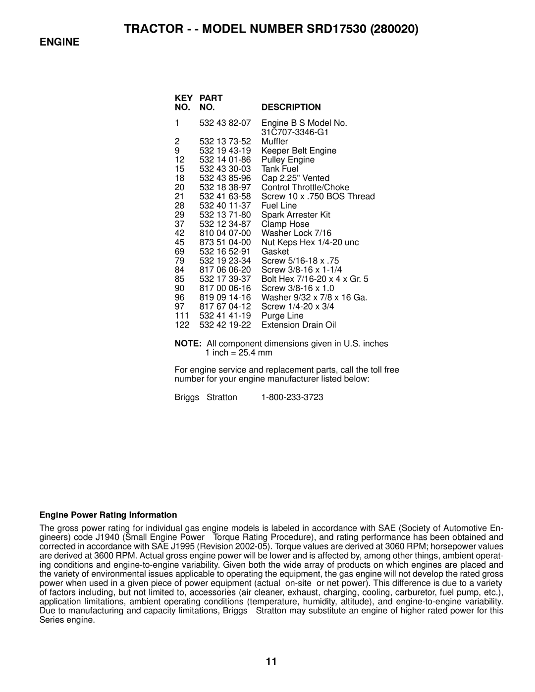 Husqvarna SRD17530 (280020) manual Engine Power Rating Information 