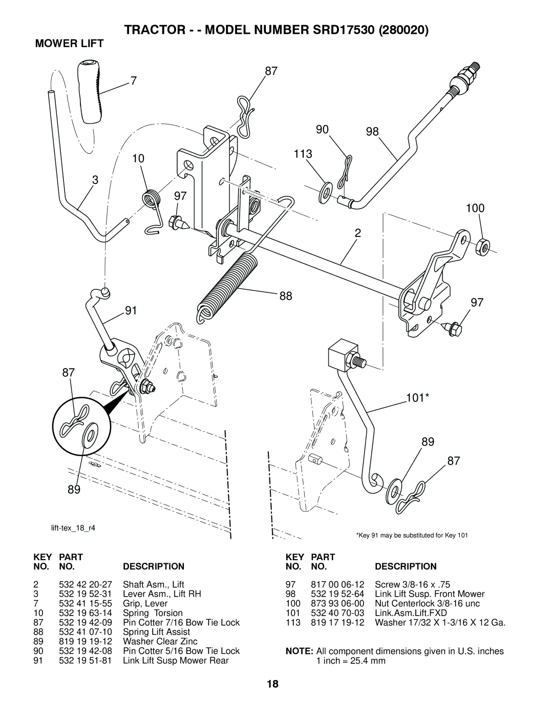 Husqvarna SRD17530 (280020) manual 101, Mower Lift 