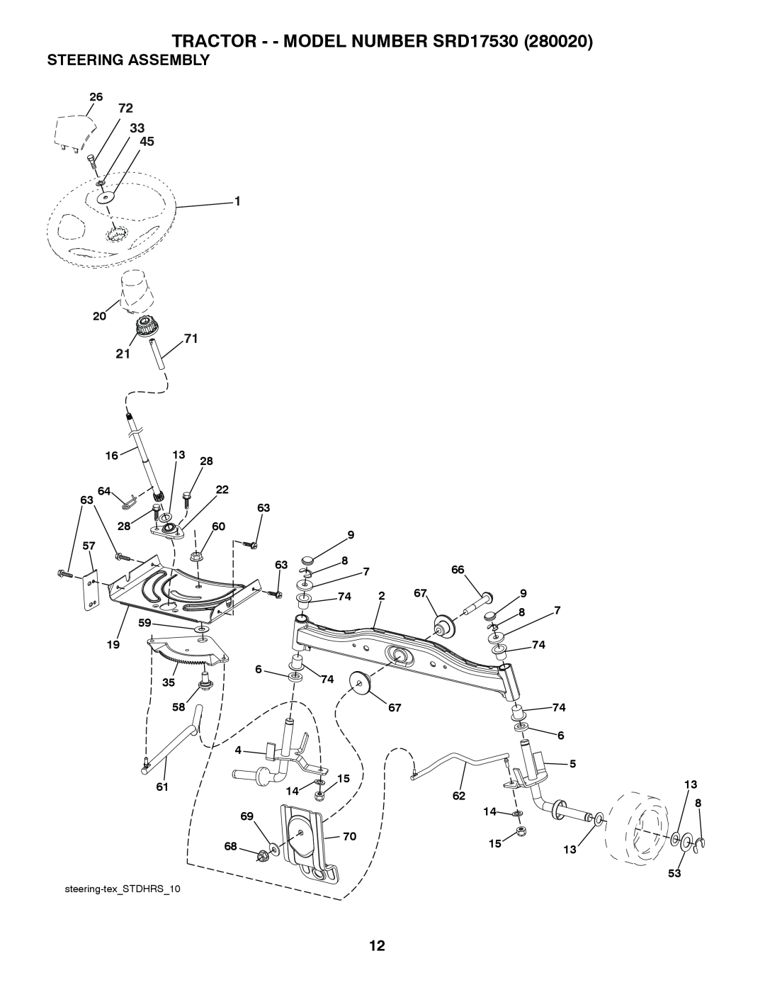 Husqvarna SRD17530 (280020) manual Steering Assembly, TRACTOR - - MODEL NUMBER SRD17530, steering-texSTDHRS10 