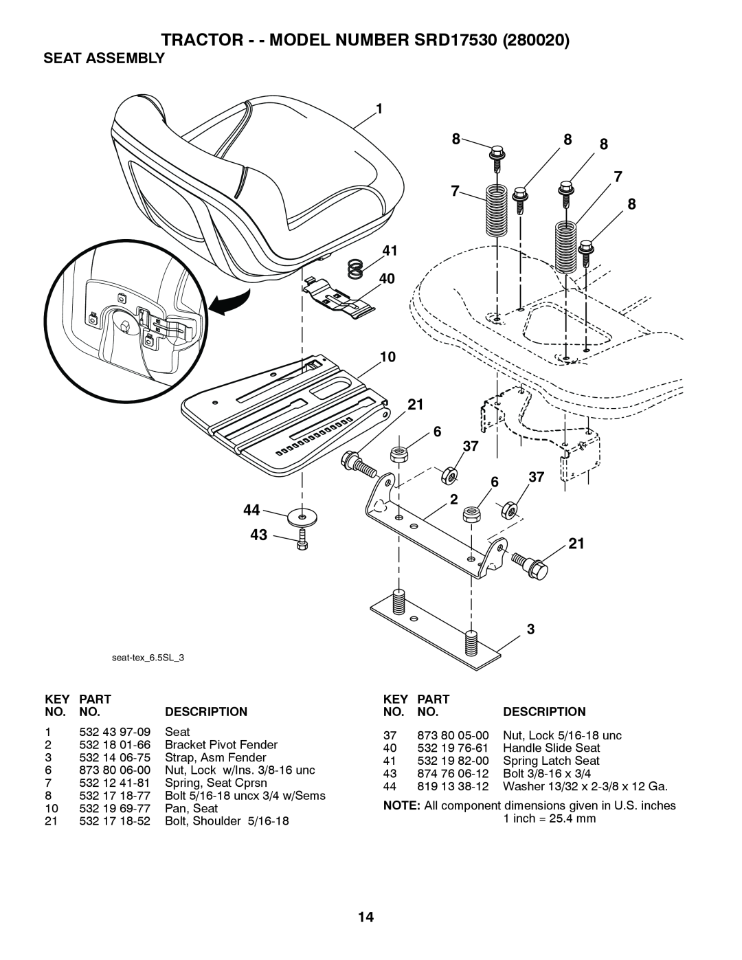 Husqvarna SRD17530 (280020) manual Seat Assembly, TRACTOR - - MODEL NUMBER SRD17530, seat-tex6.5SL3 