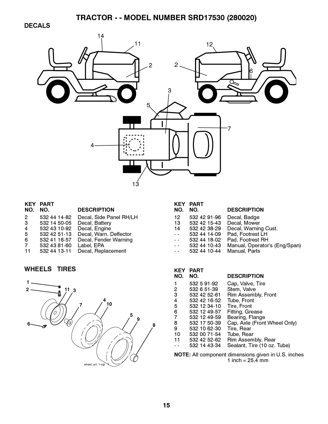 Husqvarna SRD17530 (280020) manual Wheels, TRACTOR - - MODEL NUMBER SRD17530, Decals, Tires, wheelart1-vgt 
