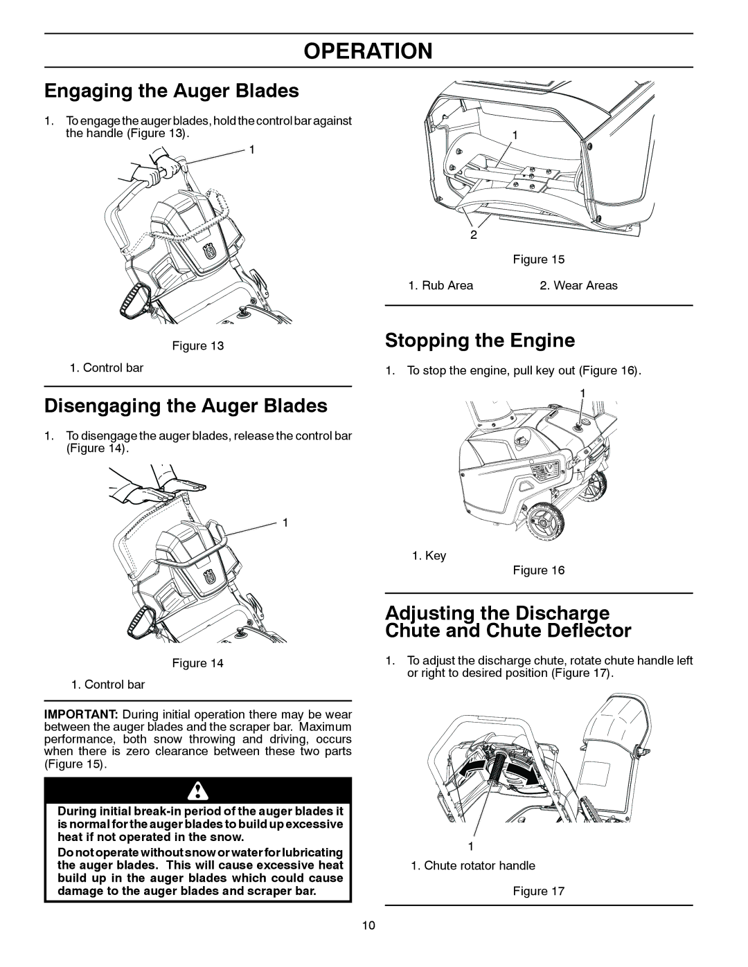 Husqvarna ST 121E/96183000100 owner manual Engaging the Auger Blades, Disengaging the Auger Blades, Stopping the Engine 