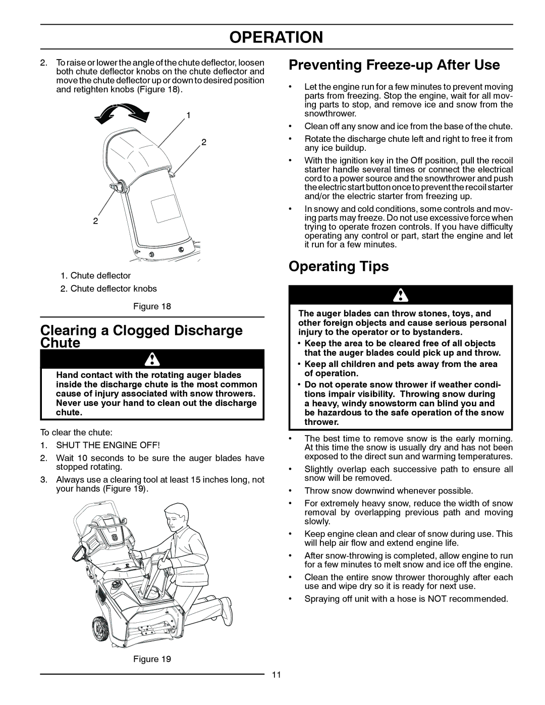 Husqvarna ST 121E/96183000100 Clearing a Clogged Discharge Chute, Preventing Freeze-up After Use, Operating Tips 