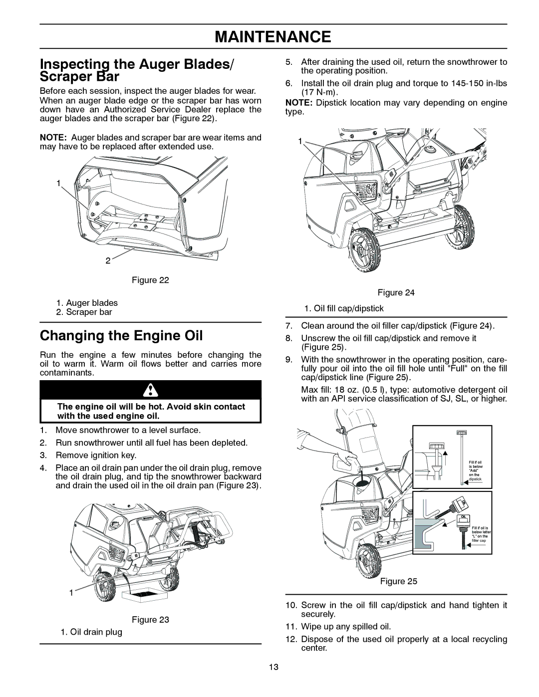 Husqvarna ST 121E/96183000100 owner manual Inspecting the Auger Blades/ Scraper Bar, Changing the Engine Oil 