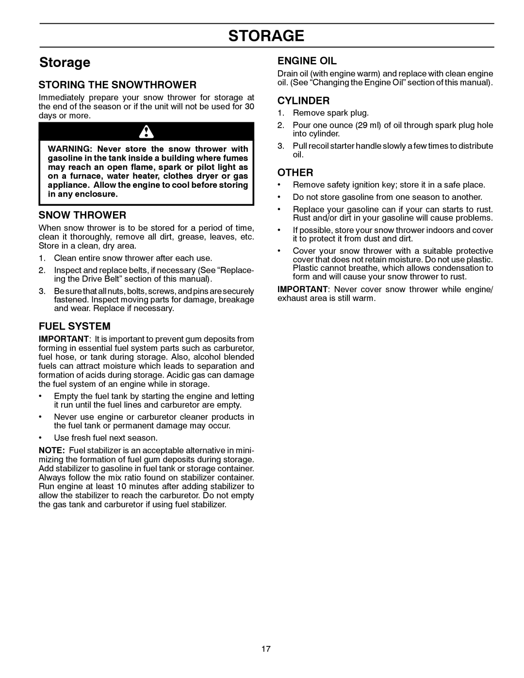 Husqvarna ST 121E/96183000100 owner manual Storage 