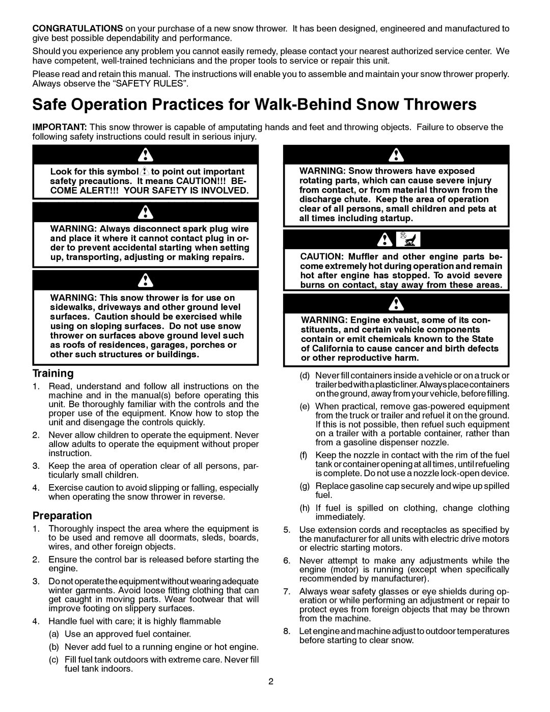 Husqvarna ST 121E/96183000100 owner manual Safe Operation Practices for Walk-Behind Snow Throwers 