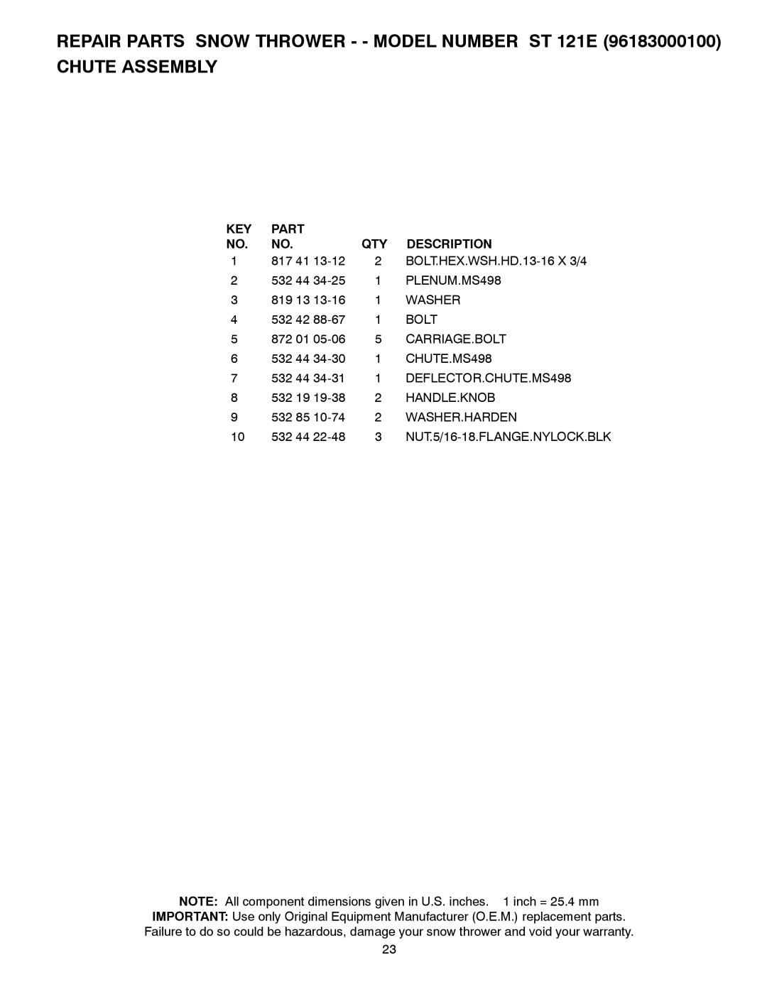 Husqvarna ST 121E/96183000100 owner manual PLENUM.MS498, Washer, Carriage.Bolt, DEFLECTOR.CHUTE.MS498, Handle.Knob 