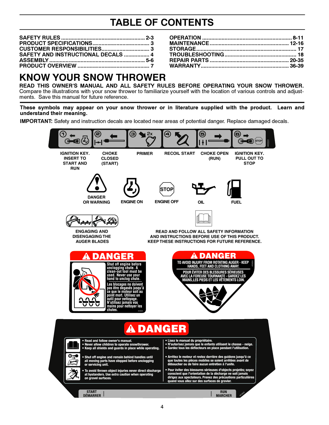 Husqvarna ST 121E/96183000100 owner manual Table of Contents, Know Your Snow Thrower 