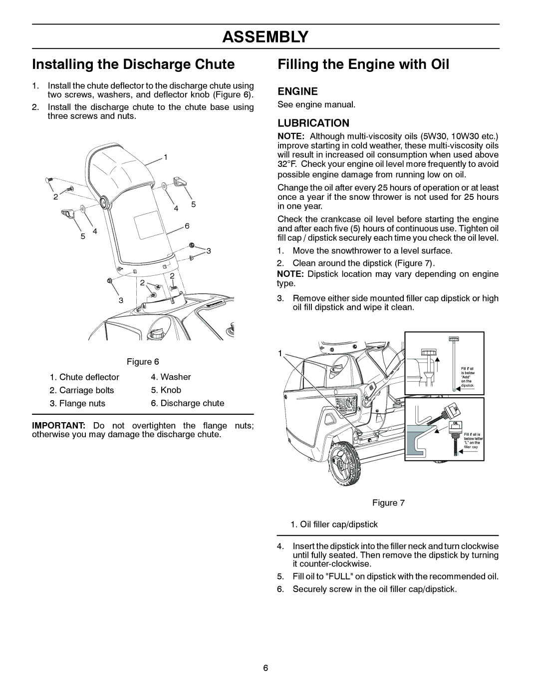 Husqvarna ST 121E/96183000100 owner manual Installing the Discharge Chute, Filling the Engine with Oil 