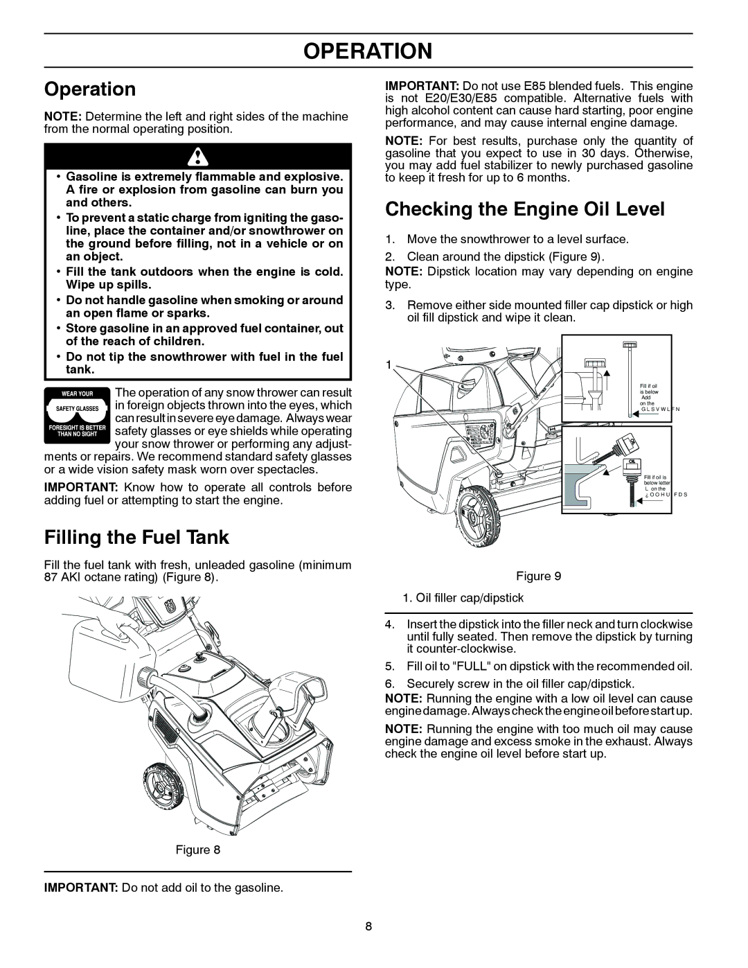 Husqvarna ST 121E/96183000100 owner manual Operation, Filling the Fuel Tank, Checking the Engine Oil Level 