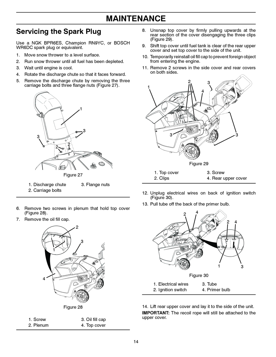 Husqvarna ST 151 warranty Servicing the Spark Plug 