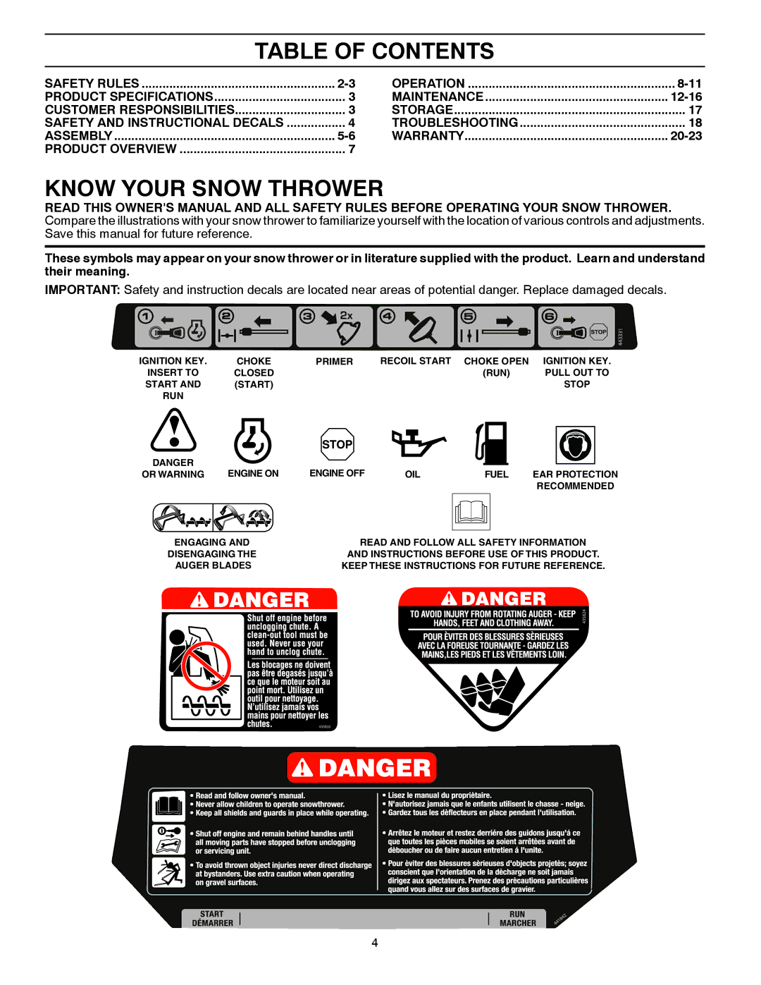 Husqvarna ST 151 warranty Table of Contents, Know Your Snow Thrower 