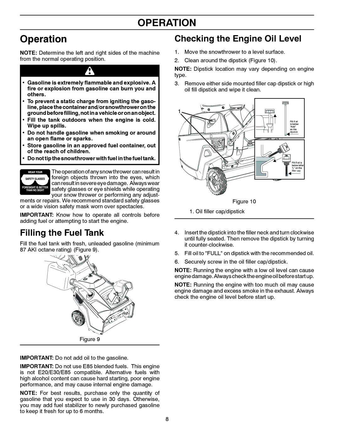 Husqvarna ST 151 warranty Operation, Filling the Fuel Tank, Checking the Engine Oil Level 