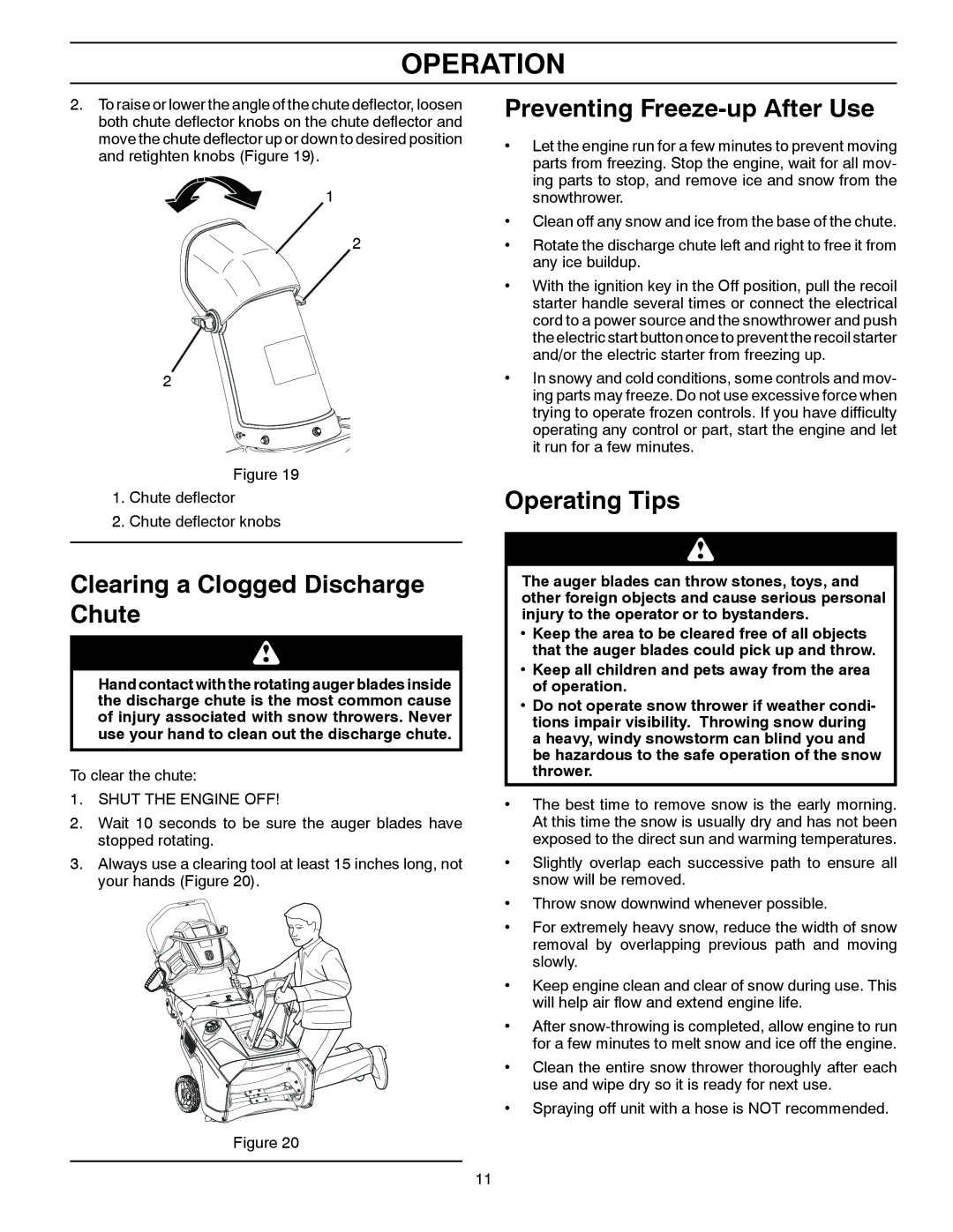 Husqvarna ST 151 warranty Clearing a Clogged Discharge Chute, Preventing Freeze-up After Use, Operating Tips 