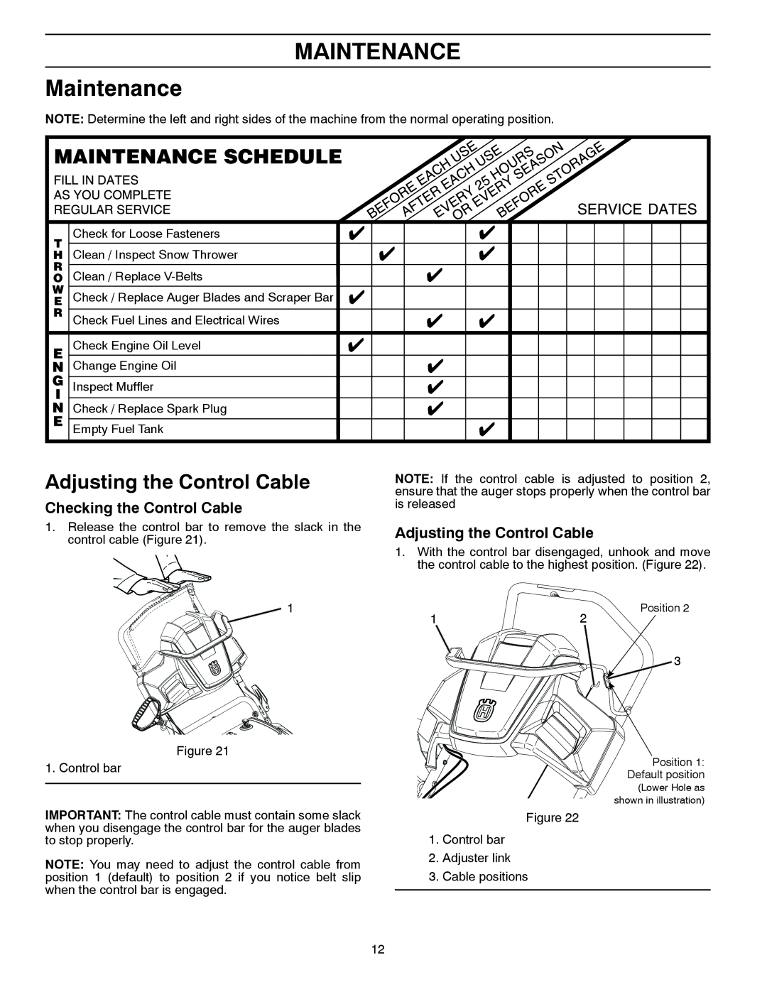 Husqvarna ST 151 warranty Maintenance, Adjusting the Control Cable, Checking the Control Cable 