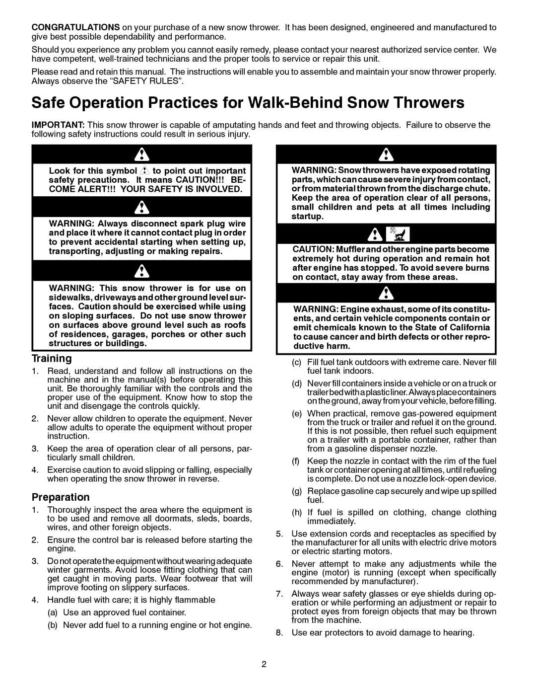 Husqvarna ST 151 warranty Safe Operation Practices for Walk-Behind Snow Throwers, Training, Preparation 