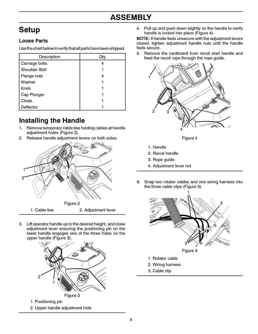 Husqvarna ST 151 warranty Assembly, Setup, Installing the Handle, Loose Parts 