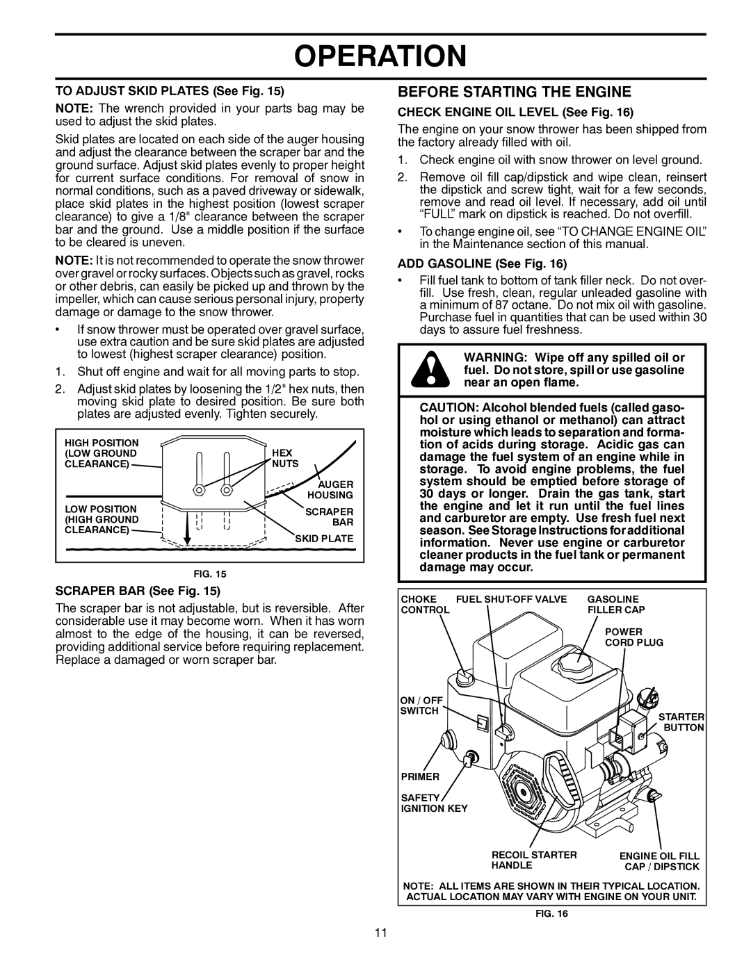 Husqvarna ST 224 Before Starting the Engine, To Adjust Skid Plates See Fig, Scraper BAR See Fig, ADD Gasoline See Fig 