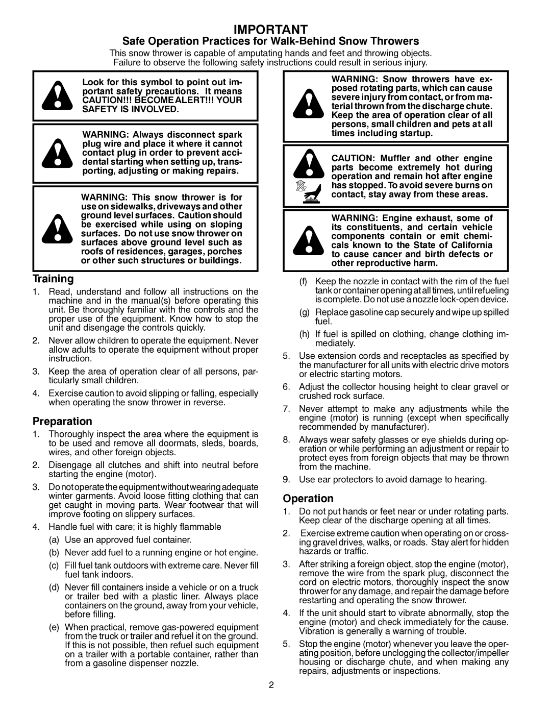 Husqvarna ST 224 warranty Safe Operation Practices for Walk-Behind Snow Throwers 