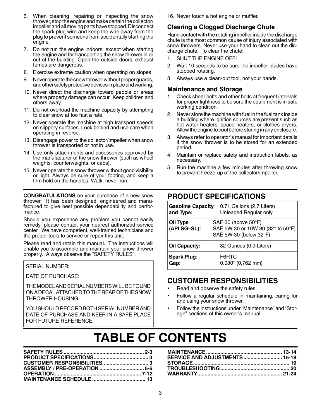 Husqvarna ST 224 warranty Table of Contents 