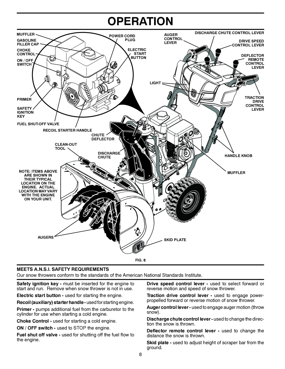 Husqvarna ST 224 warranty Meets A.N.S.I. Safety Requirements, Recoil auxiliary starter handle used for starting engine 