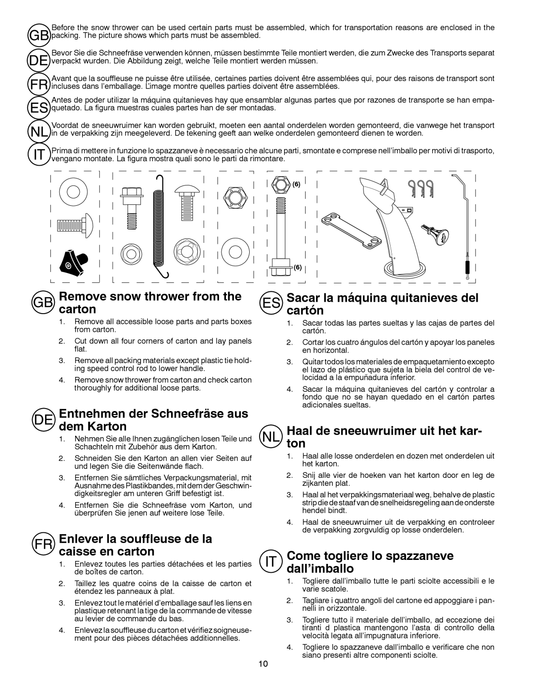 Husqvarna ST 268EP instruction manual Remove snow thrower from the carton, Entnehmen der Schneefräse aus dem Karton 