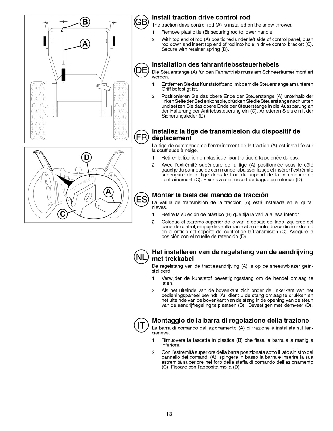 Husqvarna ST 268EP instruction manual Install traction drive control rod, Installation des fahrantriebssteuerhebels 