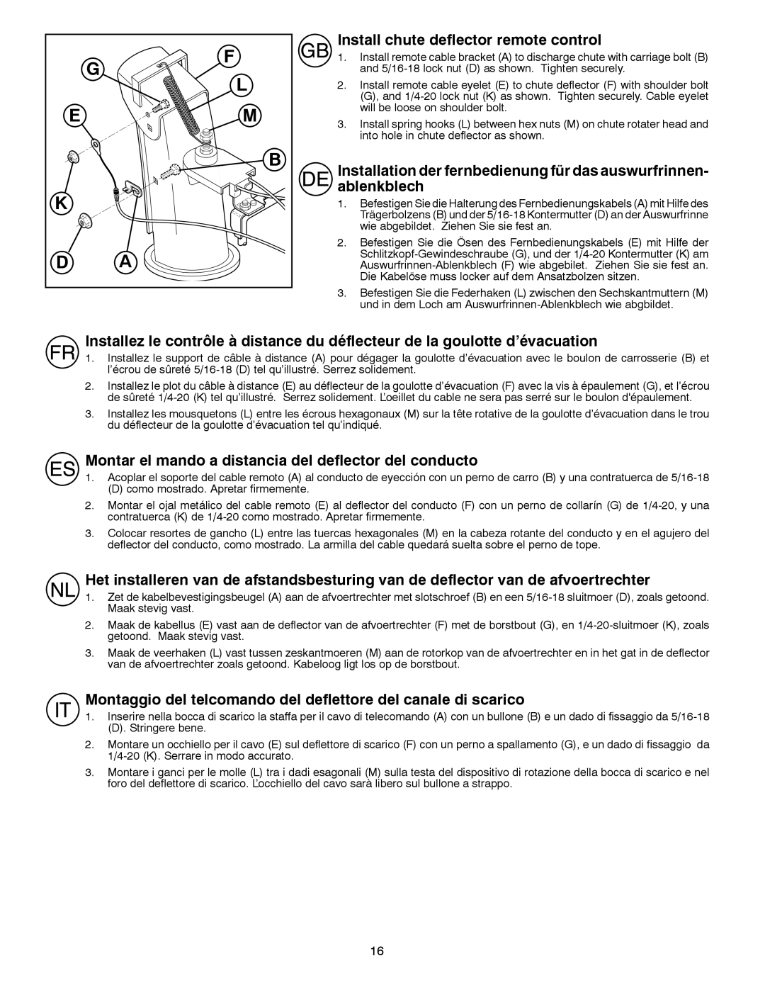 Husqvarna ST 268EP Install chute deflector remote control, Montar el mando a distancia del deflector del conducto 