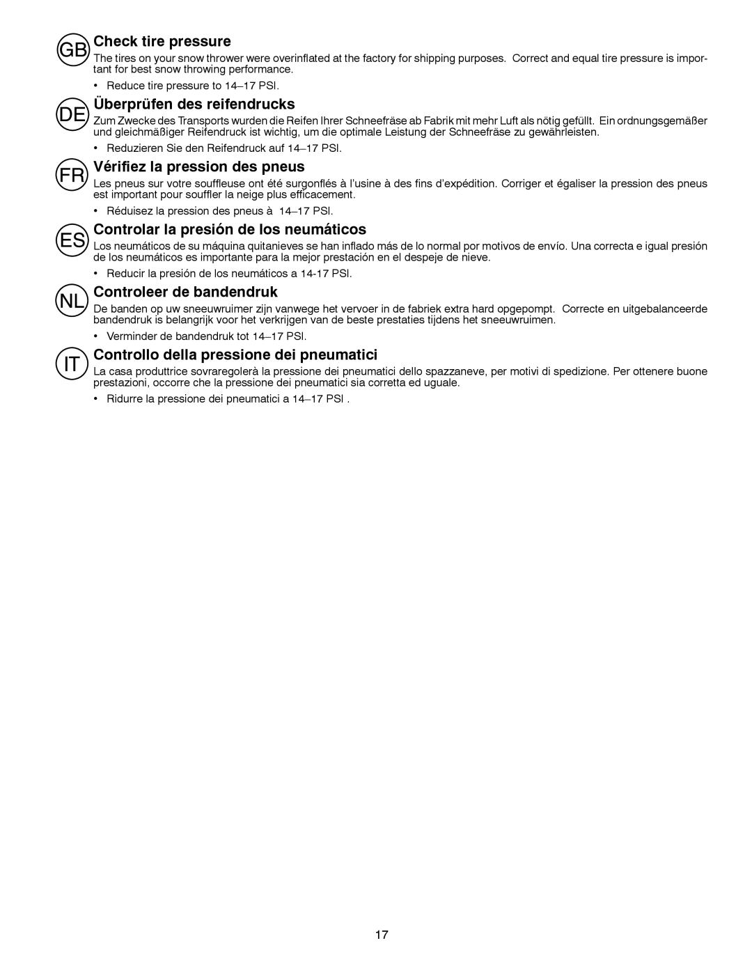 Husqvarna ST 268EP instruction manual Check tire pressure, Überprüfen des reifendrucks, Vérifiez la pression des pneus 