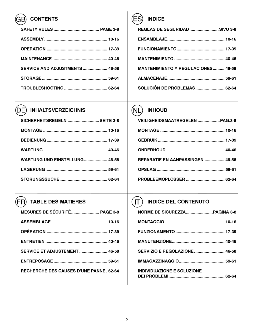 Husqvarna ST 268EP instruction manual Contents Indice 