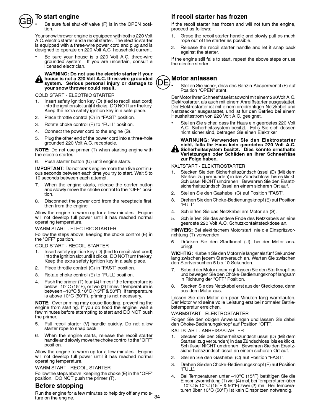 Husqvarna ST 268EP instruction manual To start engine, Before stopping, If recoil starter has frozen, Motor anlassen 