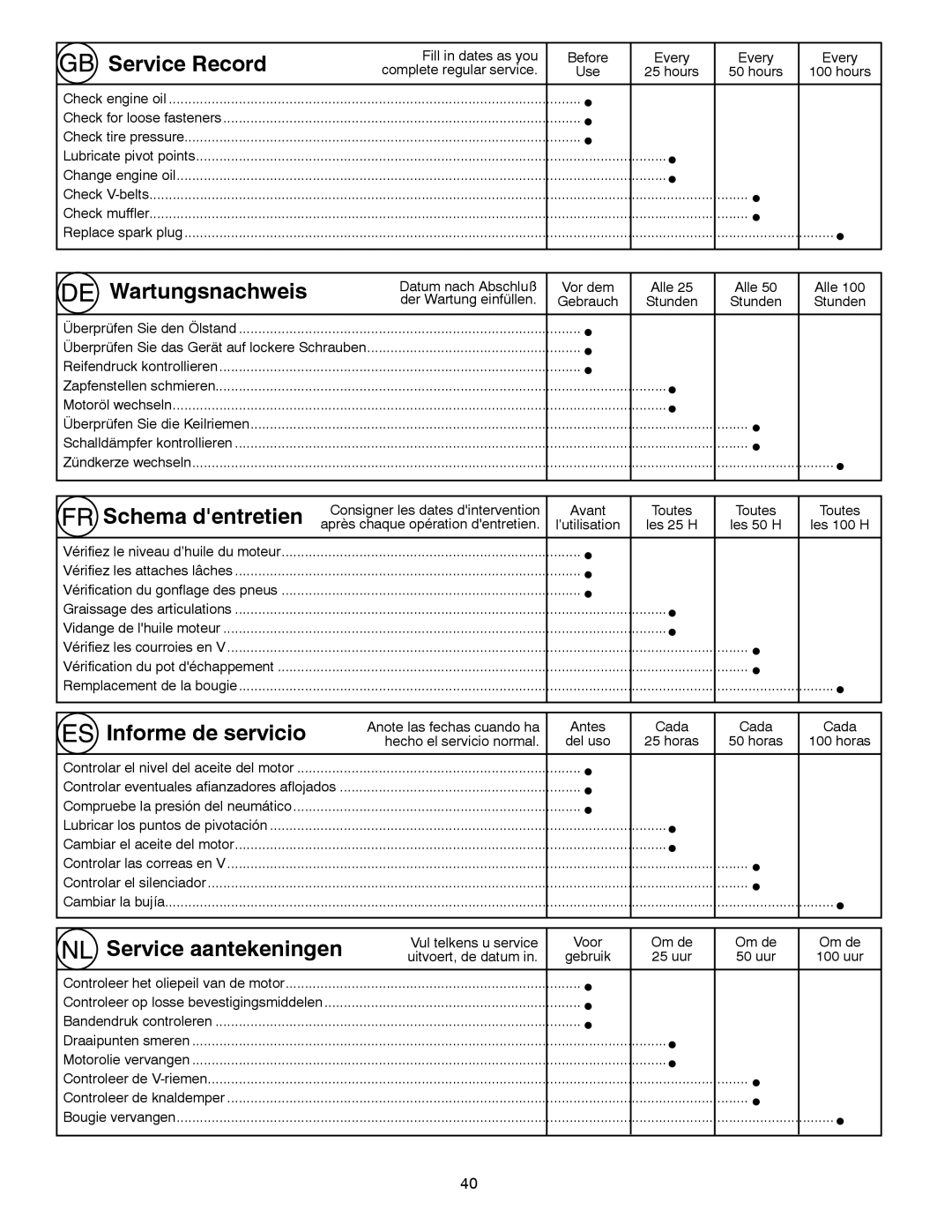 Husqvarna ST 268EP Service Record, Wartungsnachweis, Schema dentretien, Informe de servicio, Service aantekeningen 