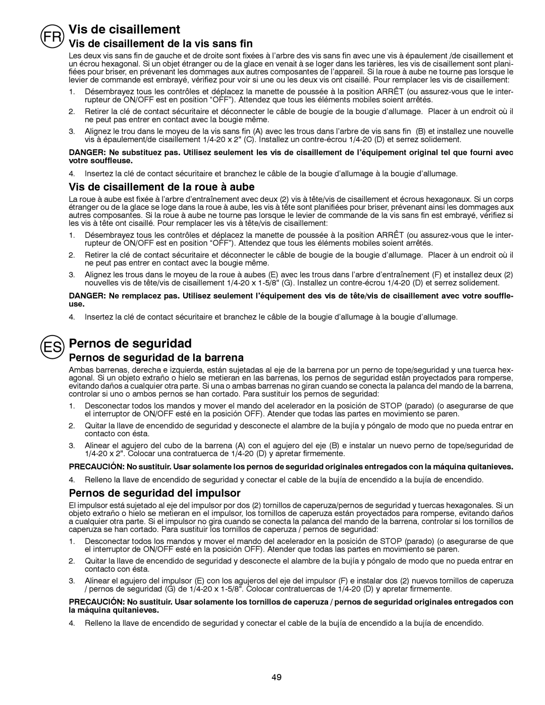 Husqvarna ST 268EP instruction manual Vis de cisaillement, Pernos de seguridad 