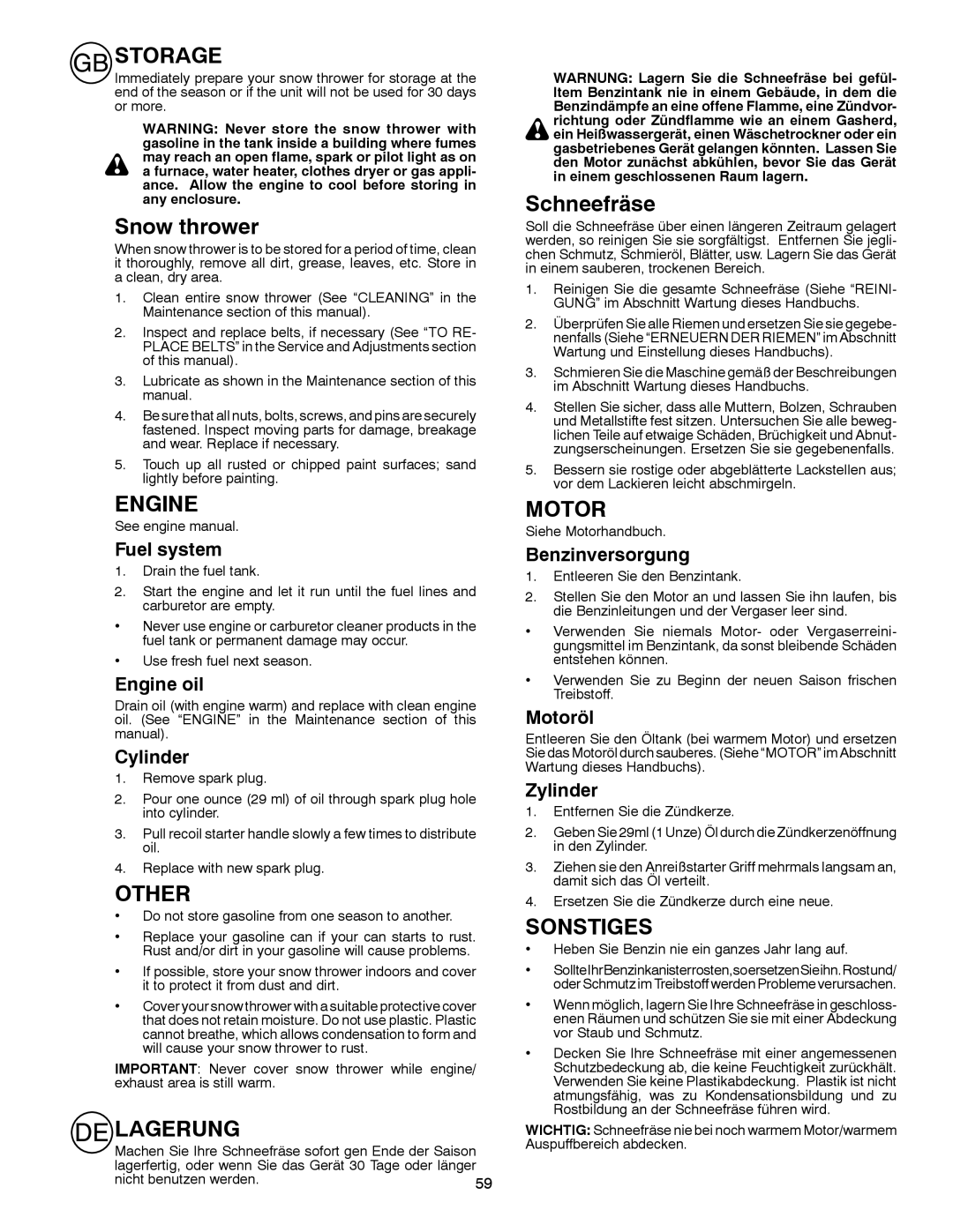 Husqvarna ST 268EP instruction manual Storage, Other, Lagerung, Sonstiges 