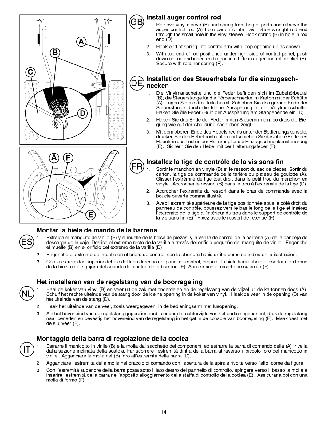 Husqvarna ST 276EP instruction manual Install auger control rod, Installation des Steuerhebels für die einzugssch- necken 