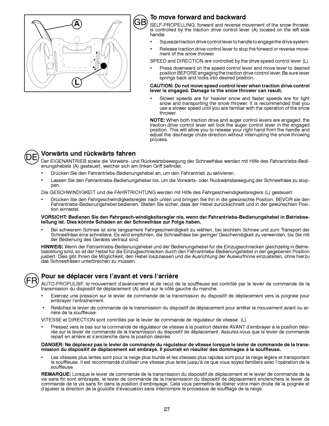 Husqvarna ST 276EP instruction manual To move forward and backward, Vorwärts und rückwärts fahren 
