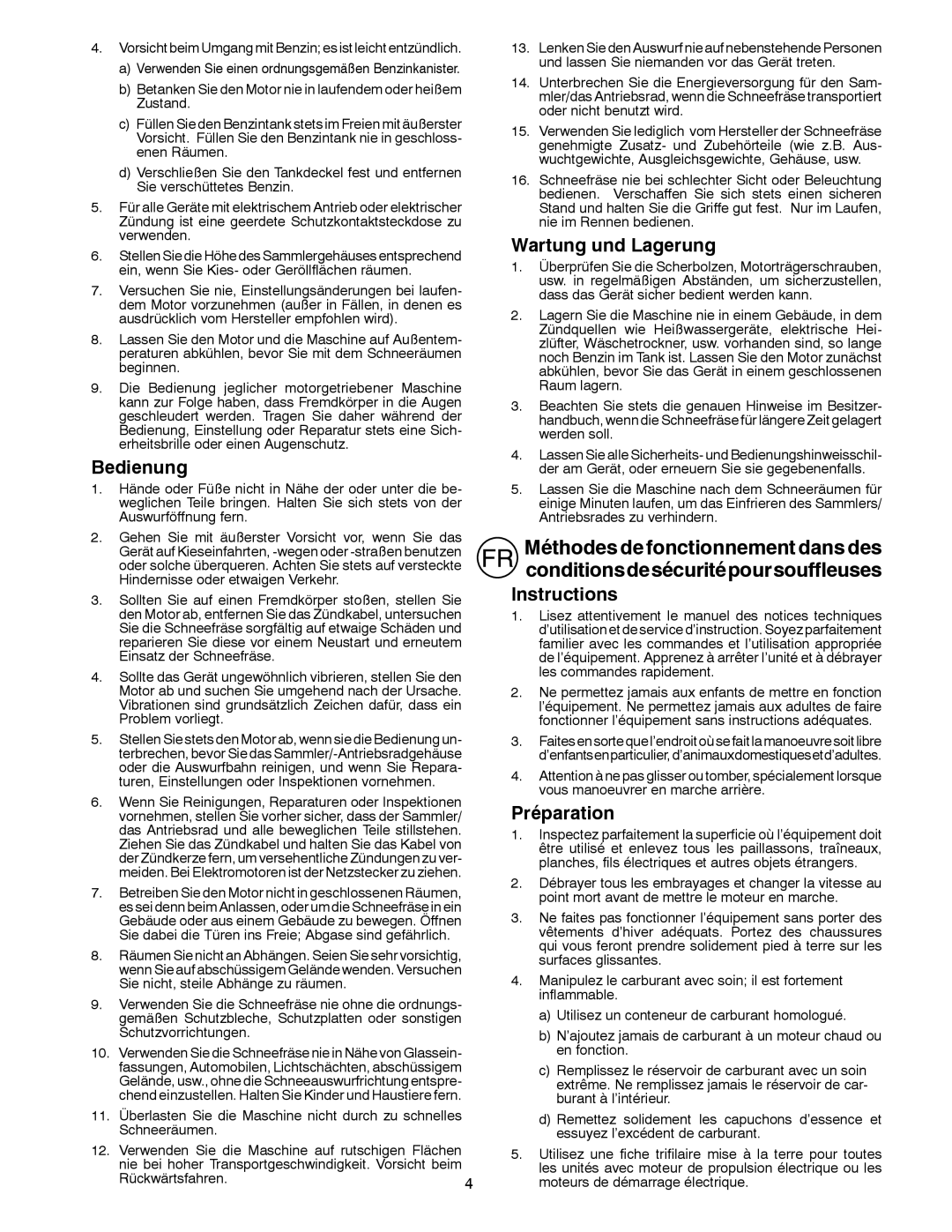 Husqvarna ST 276EP instruction manual Bedienung, Wartung und Lagerung, Instructions, Préparation 
