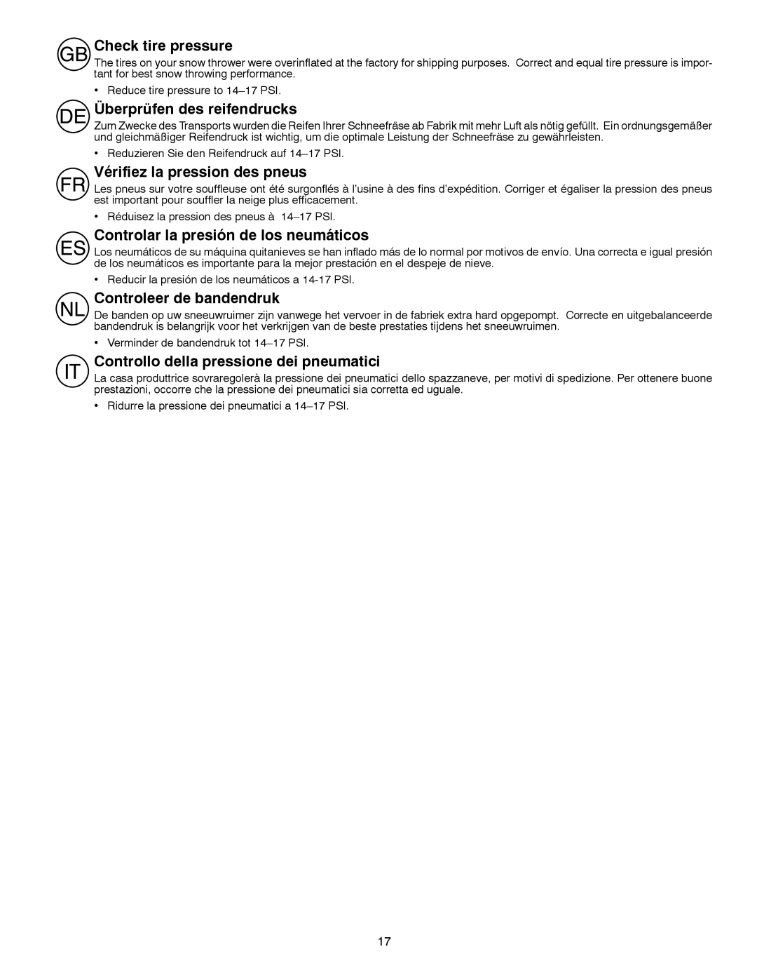 Husqvarna ST 276EP instruction manual Check tire pressure, Überprüfen des reifendrucks, Vérifiez la pression des pneus 