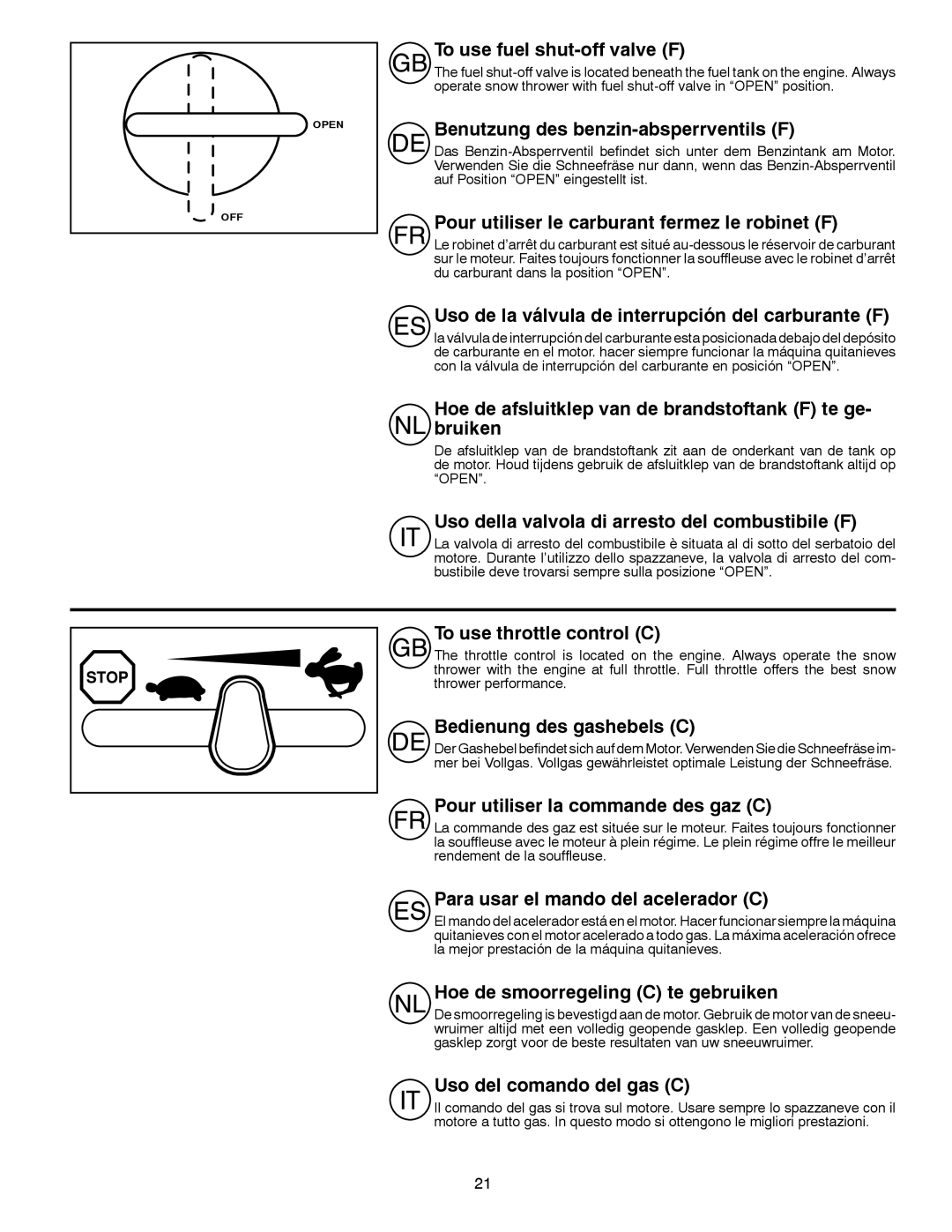 Husqvarna ST 276EP To use fuel shut-off valve F, Benutzung des benzin-absperrventils F, To use throttle control C 