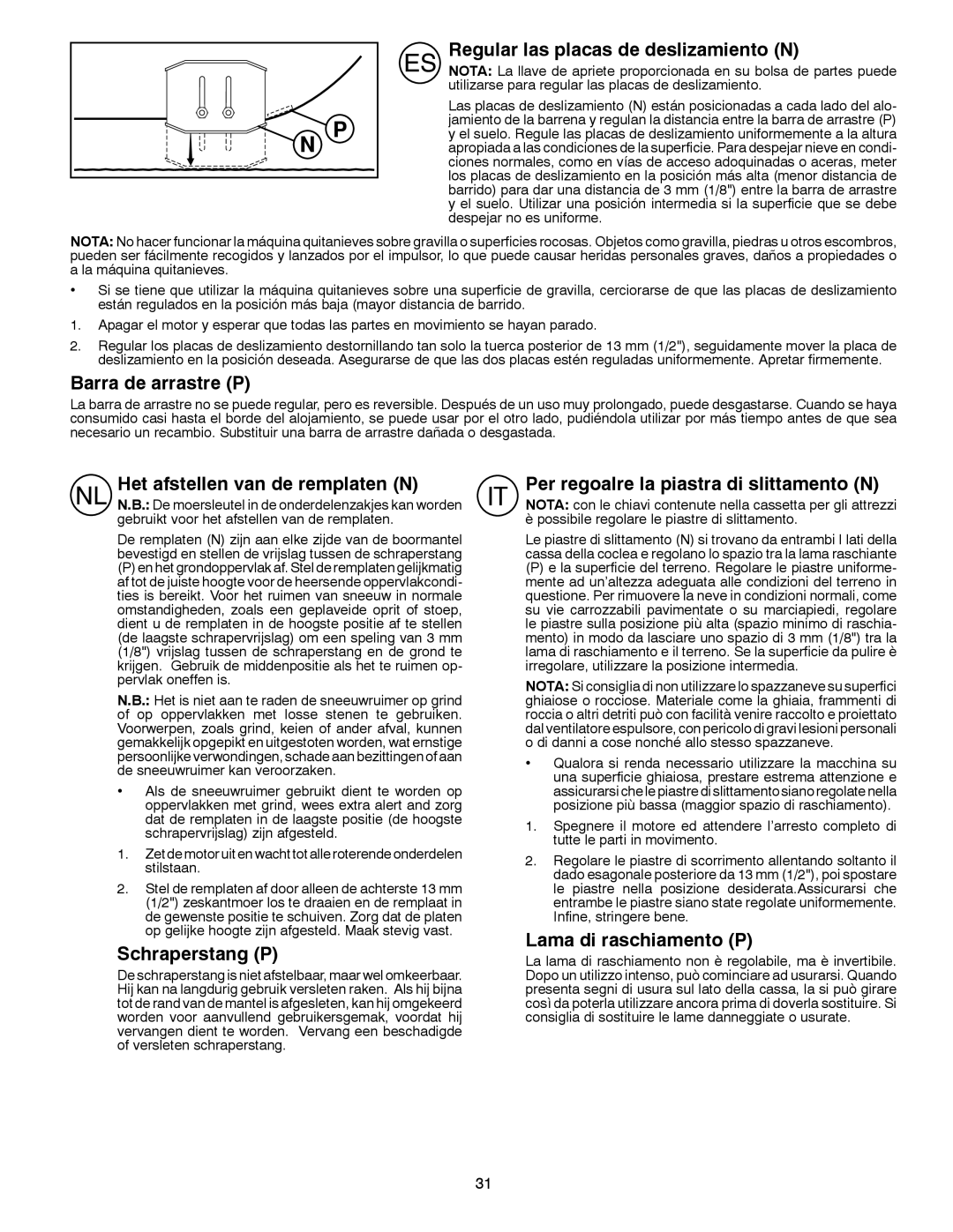 Husqvarna ST 276EP Regular las placas de deslizamiento N, Barra de arrastre P, Het afstellen van de remplaten N 