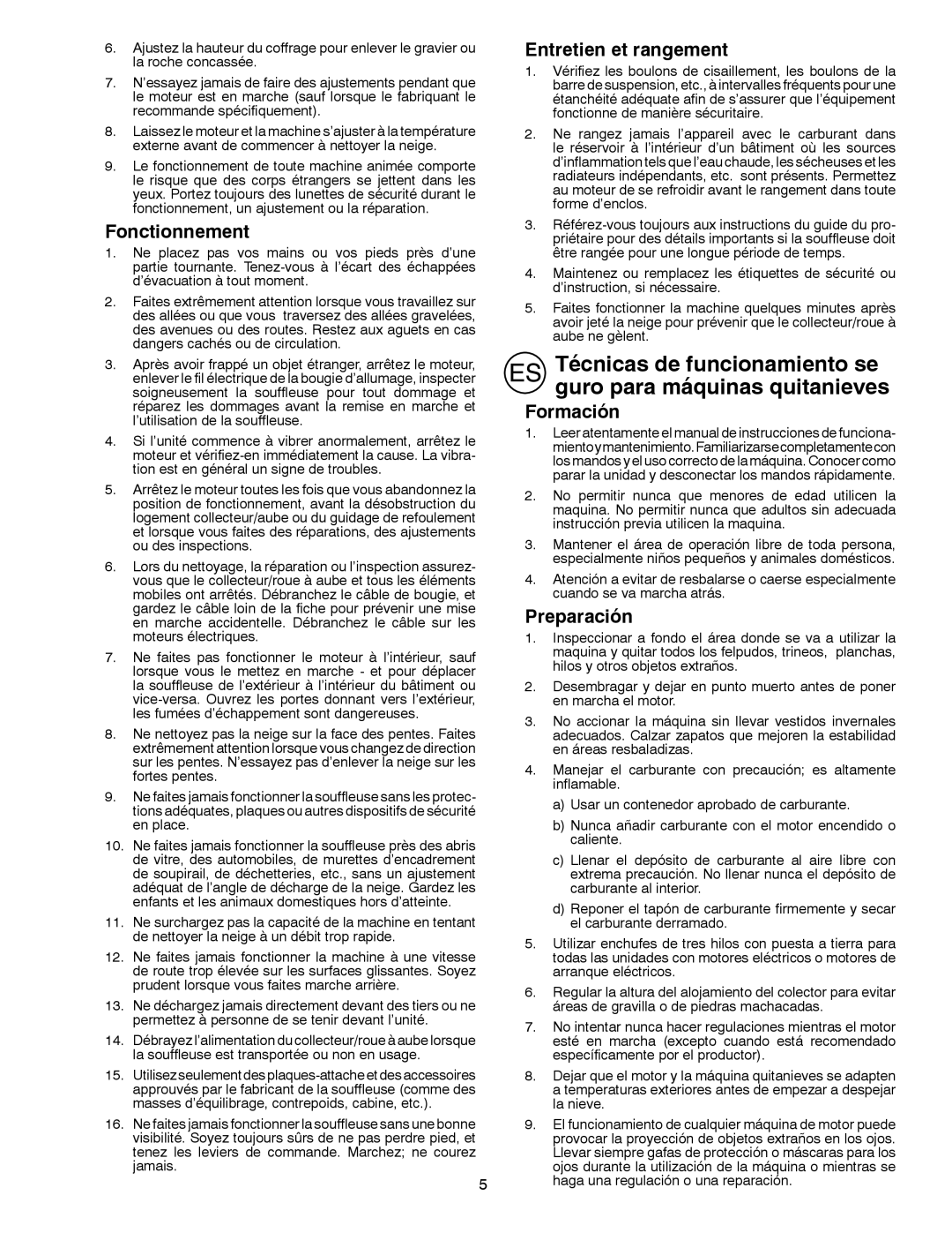 Husqvarna ST 276EP instruction manual Fonctionnement, Entretien et rangement, Formación, Preparación 