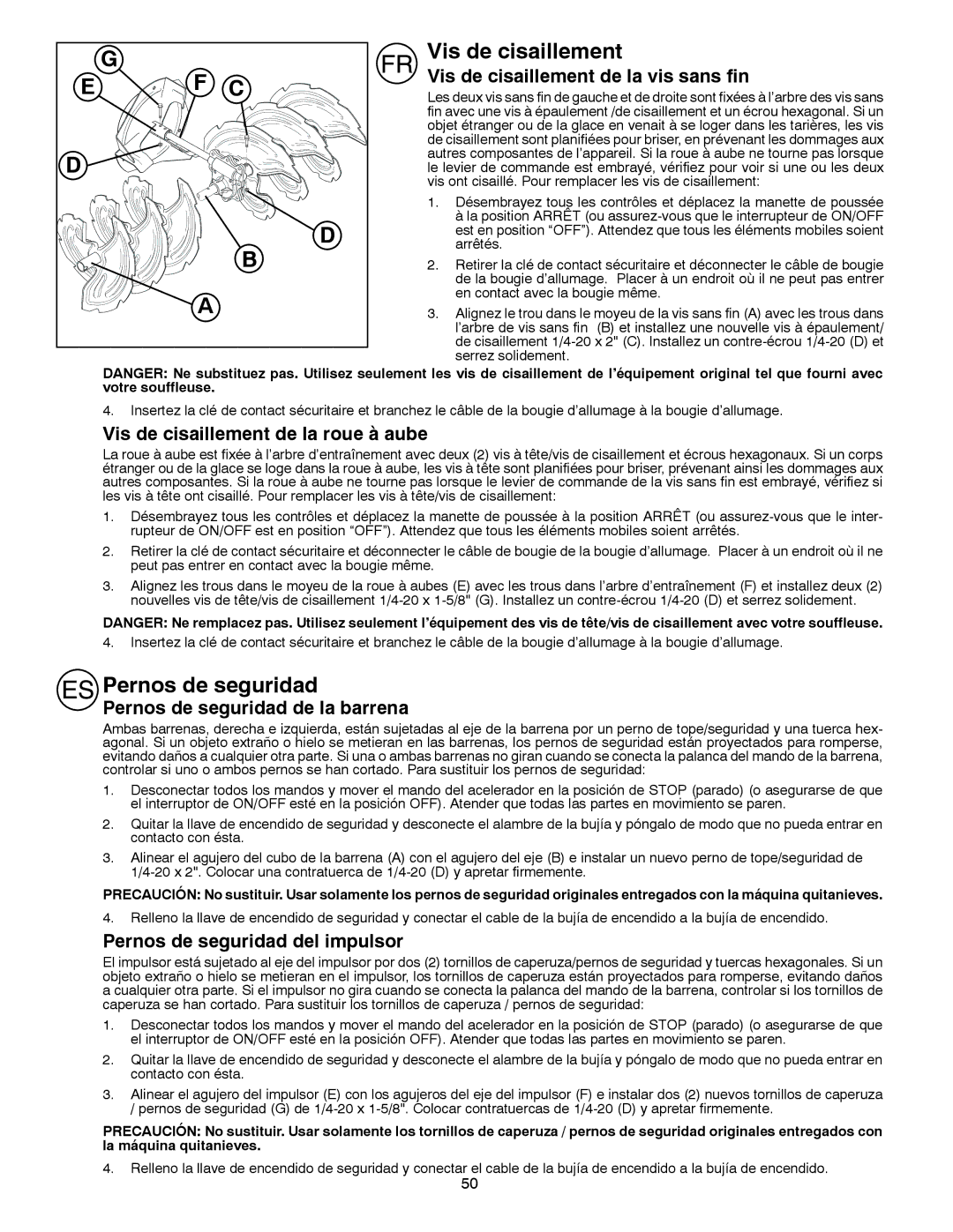 Husqvarna ST 276EP instruction manual Vis de cisaillement, Pernos de seguridad 