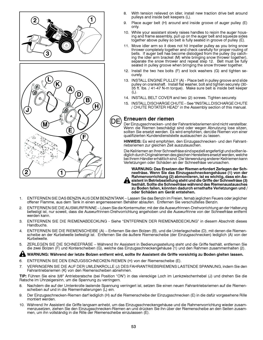 Husqvarna ST 276EP instruction manual Erneuern der riemen, Install Belt Cover and two 2 screws. Tighten securely 