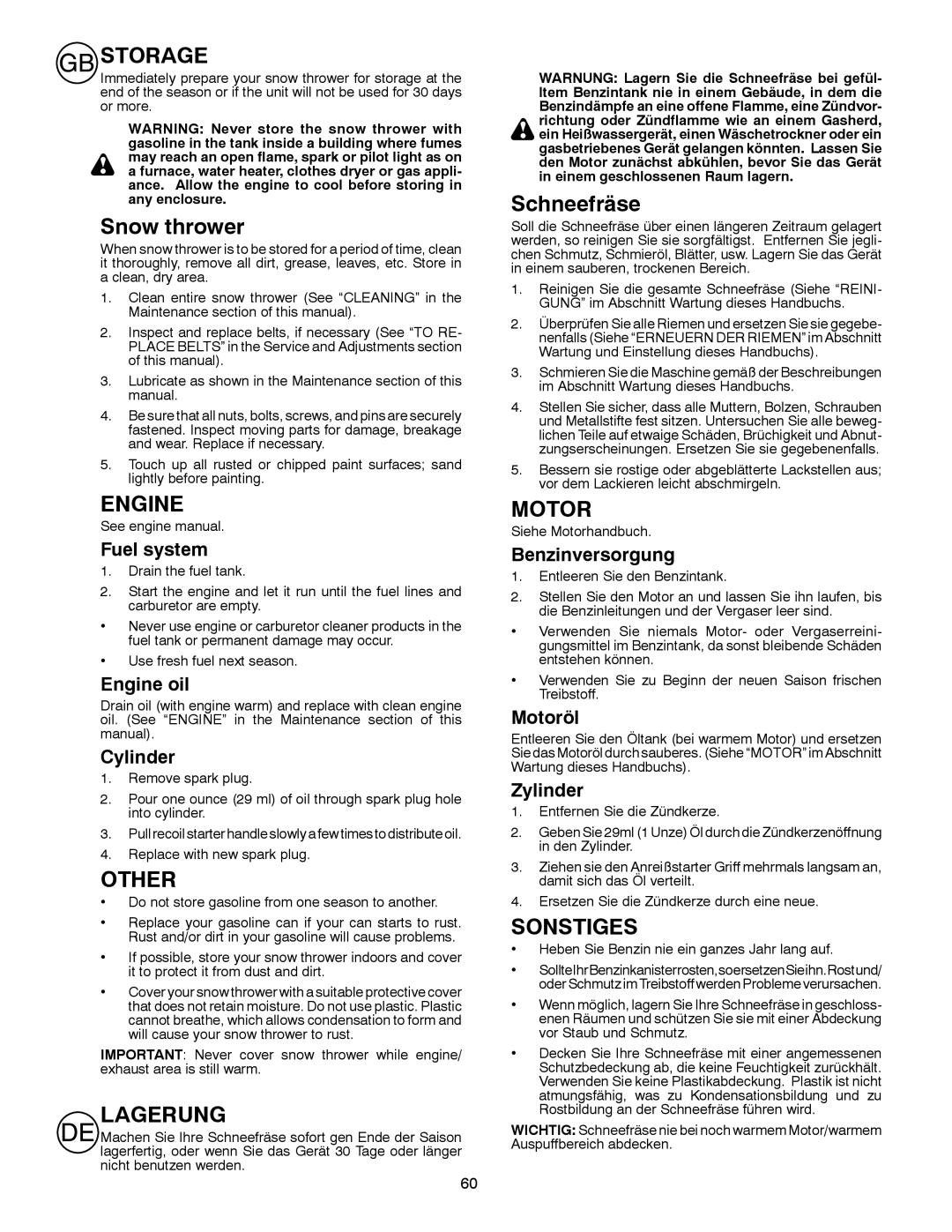 Husqvarna ST 276EP instruction manual Storage, Other, Lagerung, Sonstiges 