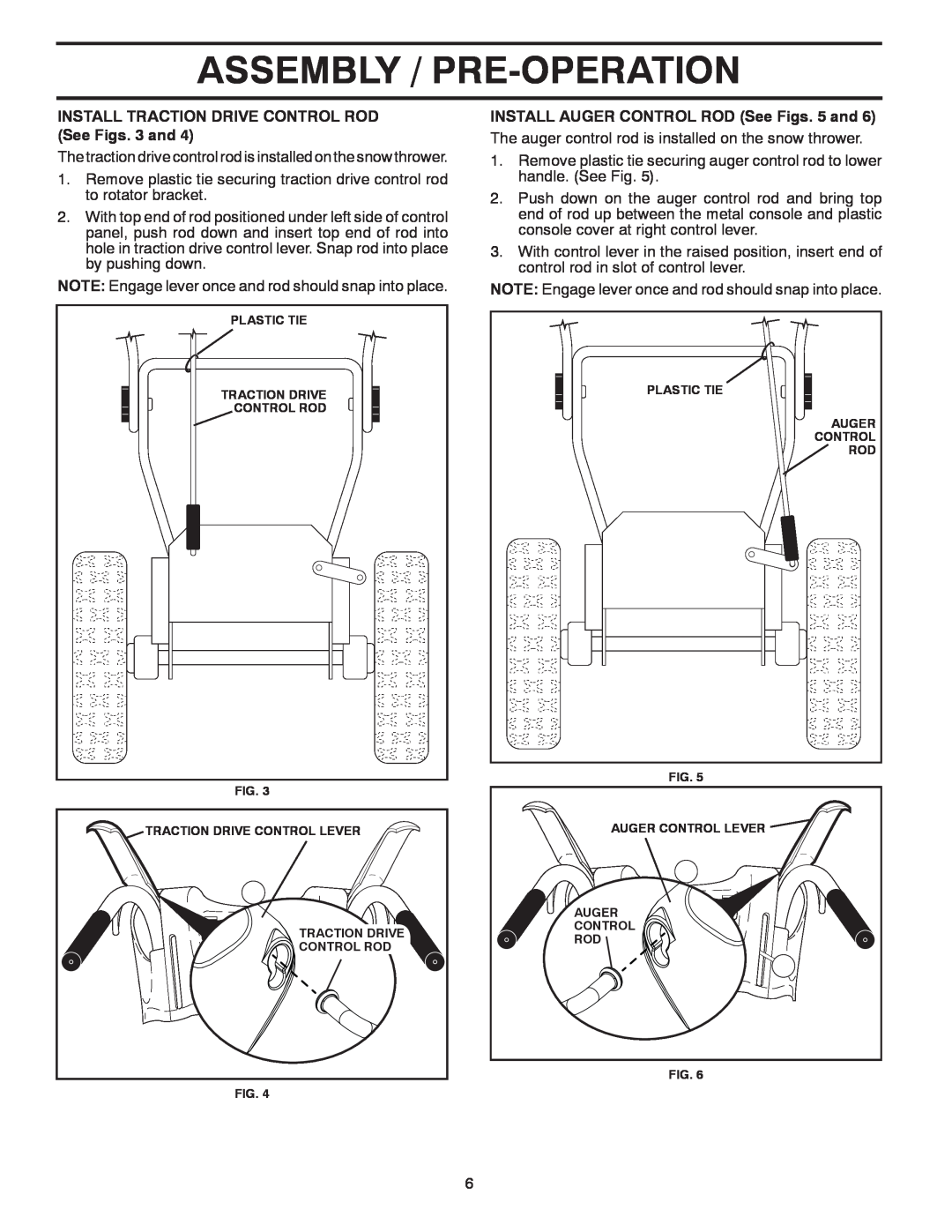 Husqvarna ST 324P warranty INSTALL TRACTION DRIVE CONTROL ROD See Figs. 3 and, INSTALL AUGER CONTROL ROD See Figs. 5 and 