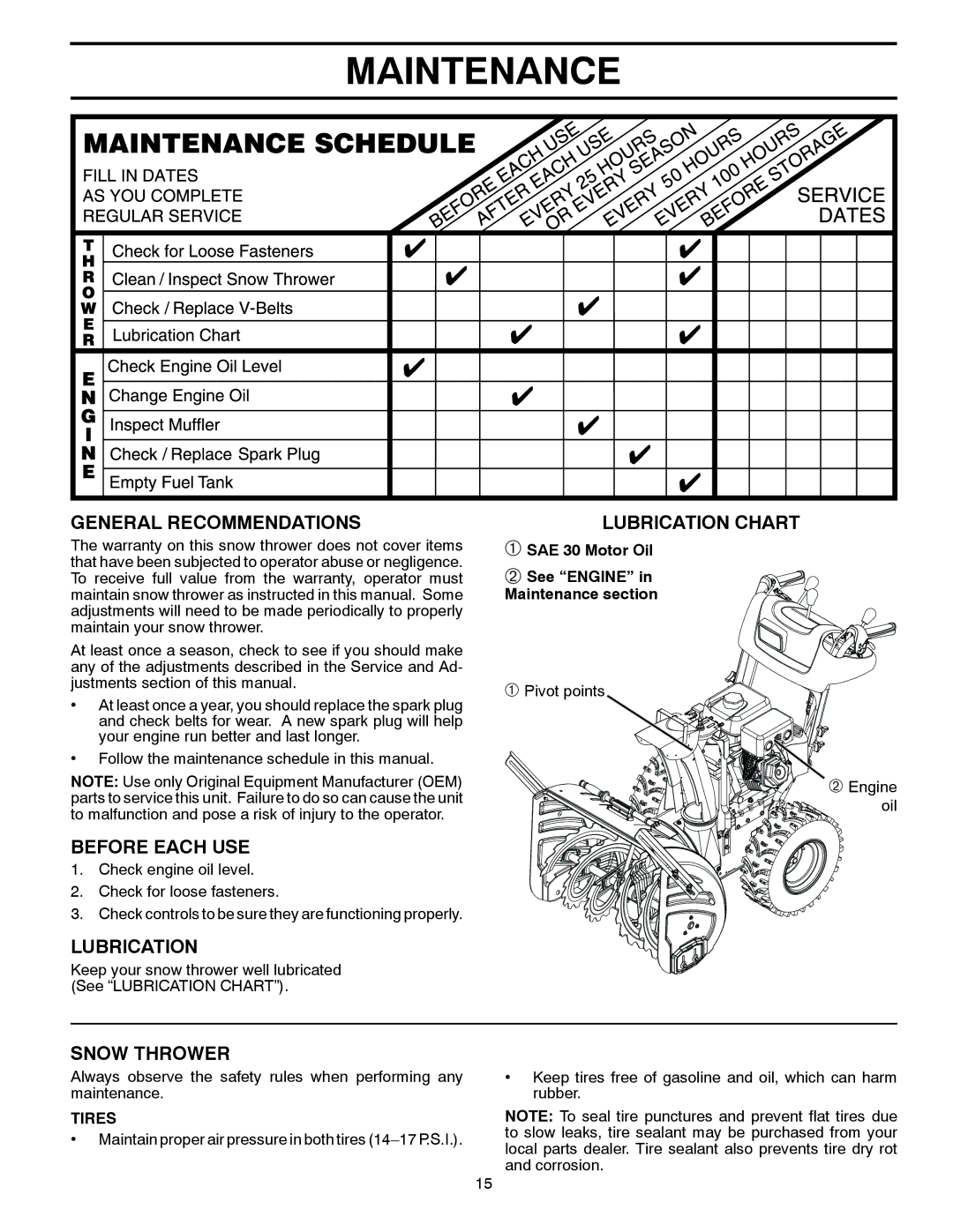 Husqvarna ST 324P warranty Maintenance, General Recommendations, Before Each USE, Lubrication, Snow Thrower 